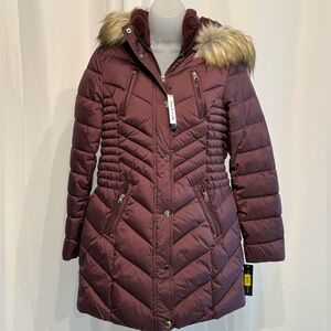 NWT Preston & York Burgundy Puffer Coat with Removable Faux Fur collar size M
